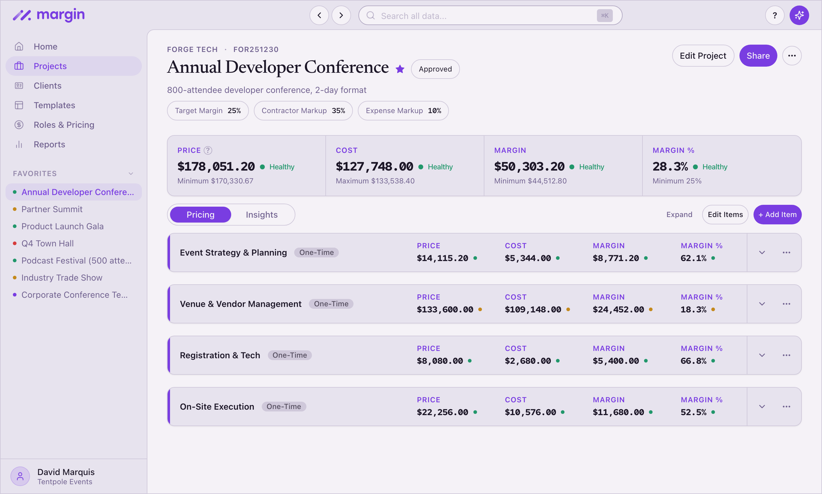 Annual Developer Conference priced in Margin — 800-attendee, 2-day format with line-item margin on Strategy, Venue & Vendor Management, Registration & Tech, and On-Site Execution