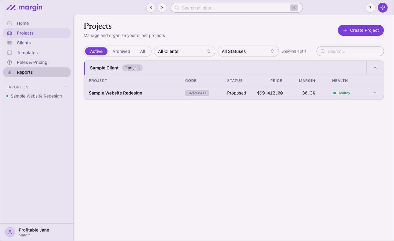 Projects list showing margin health indicators across the portfolio