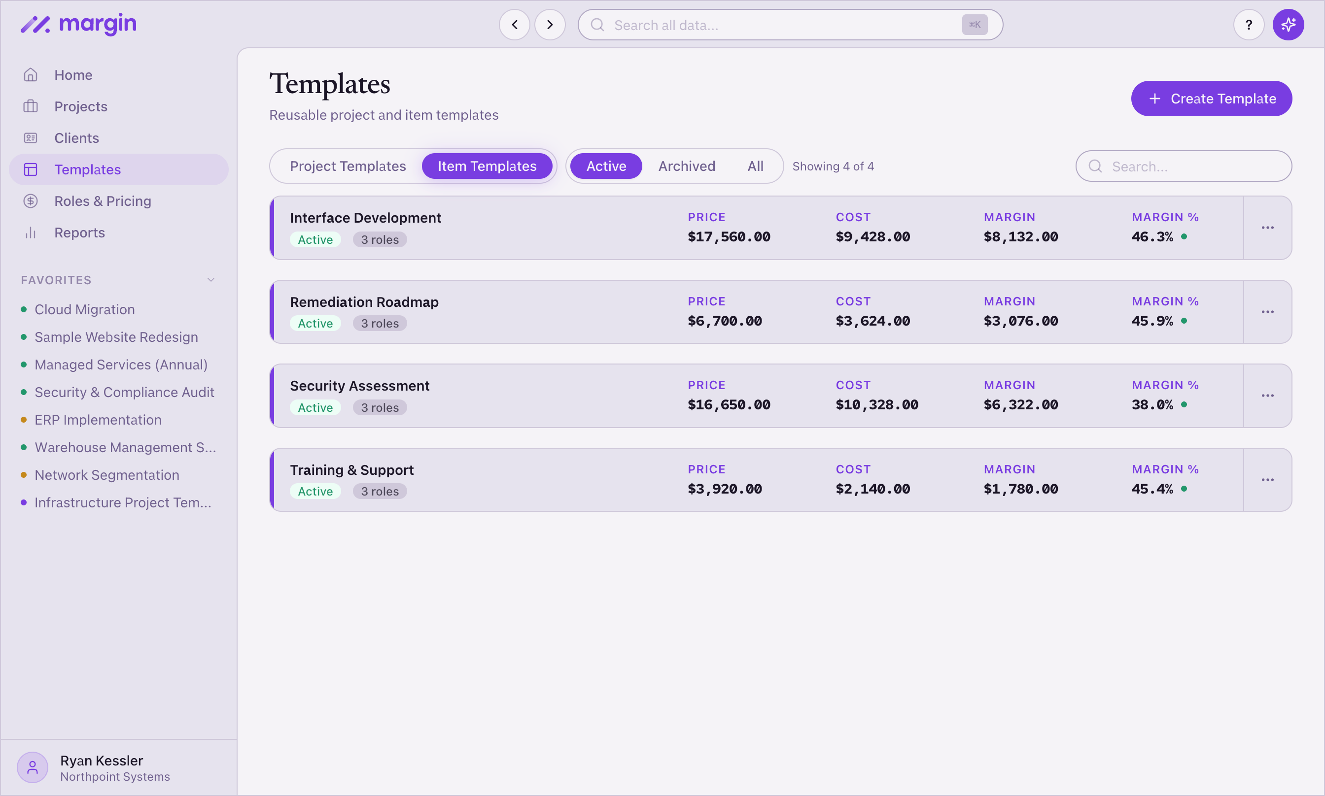 Reusable item templates for IT services engagements — Interface Development, Remediation Roadmap, Security Assessment, Training and Support — each with price, cost, and margin pre-calculated