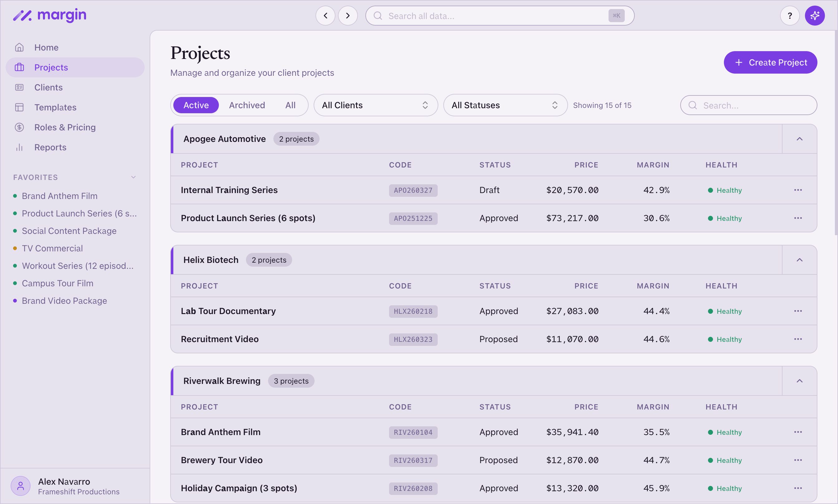Video production company project slate in Margin with margin health across explainer, brand, and event work