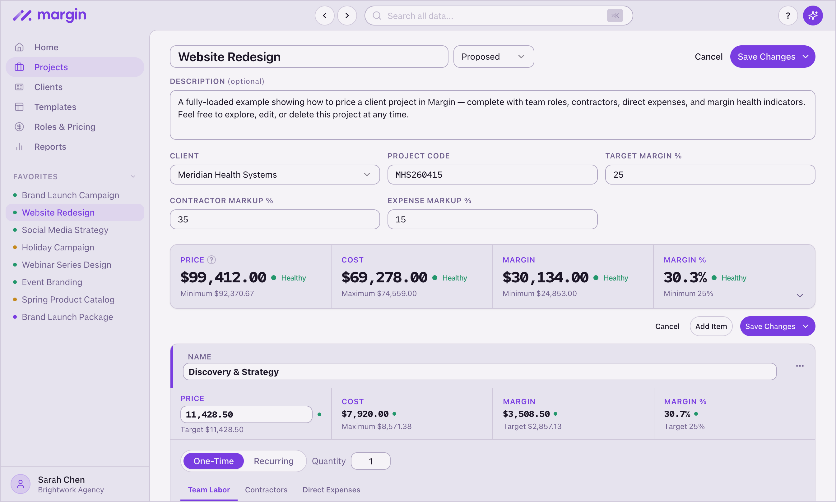 Editing a versioned web project estimate in Margin to price a scope change